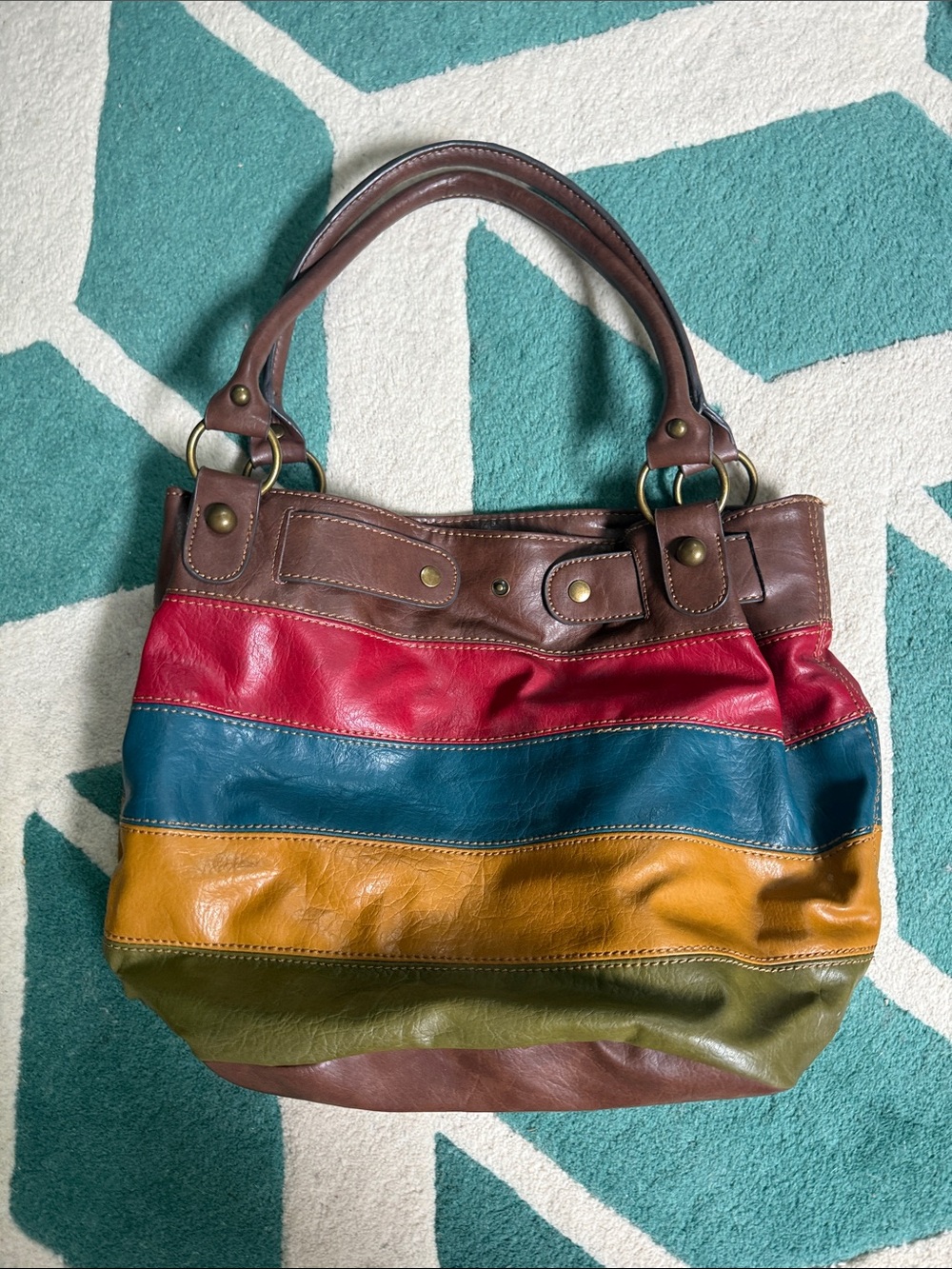 Women’s Multi-Color Leather Stripe Tote Bag - Brown Handle